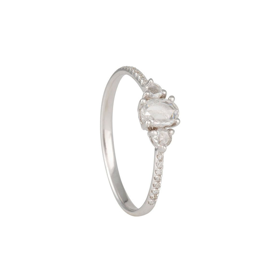 Liven - Triple Rose Cut Diamond Ring With Pave Shoulders in 14K White Gold - The Clay Pot - Liven Co. - 14k white gold, diamonds, engagementring, rings, Size 6