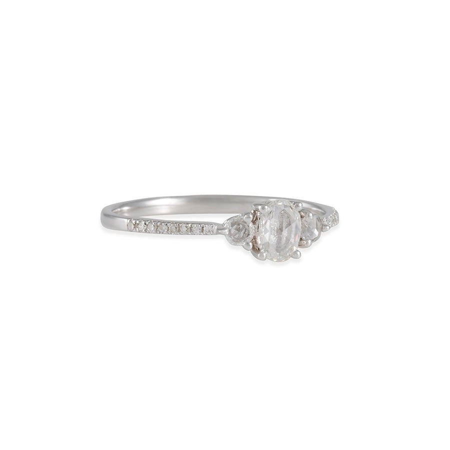 Liven - Triple Rose Cut Diamond Ring With Pave Shoulders in 14K White Gold - The Clay Pot - Liven Co. - 14k white gold, diamonds, engagementring, rings, Size 6